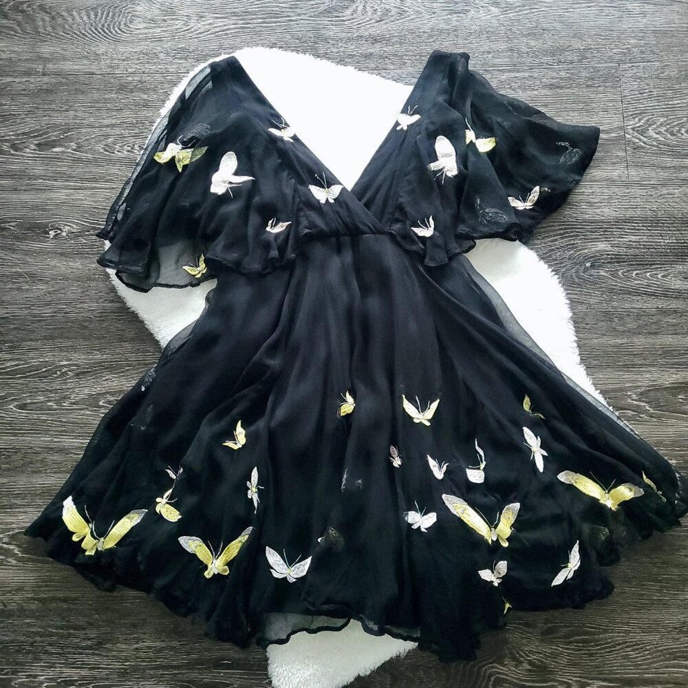RARE Kate Moss for Topshop Chiffon Embroidered Butterfly Dress in Black Sz 2